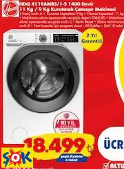 HOOVER HDQ 4119AMBS/1-S 1400 DEVİR 11 KG / 9 KG KURUTMALI ÇAMAŞIR MAKİNESİ